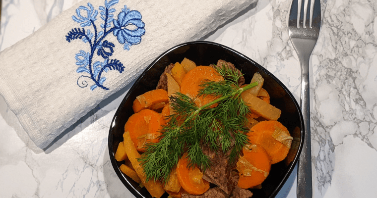 Beef Stew with Potatoes, Carrots, Turnip, and Leek