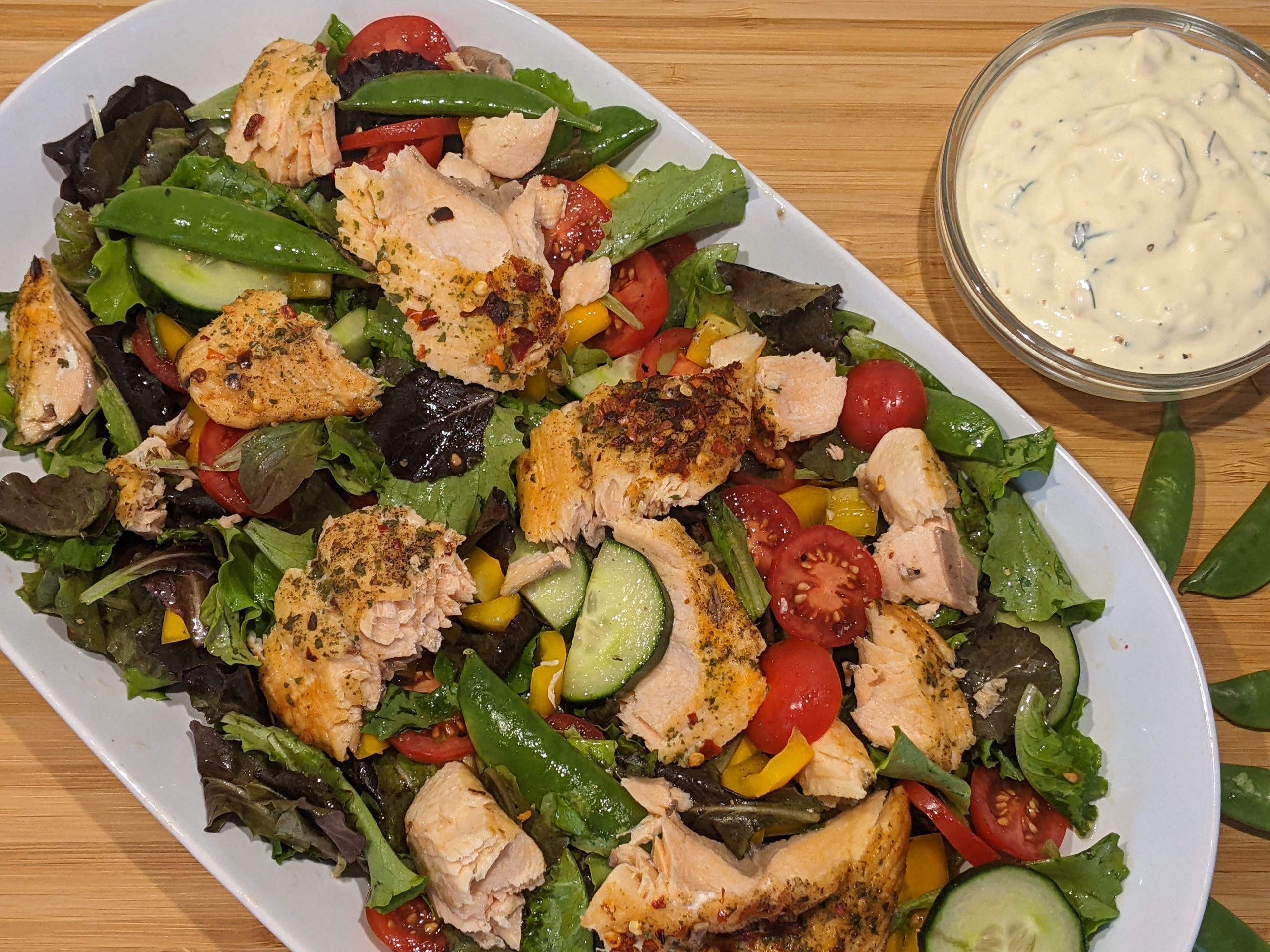 Fresh Summer Salad with Salmon and Tzatziki Sauce