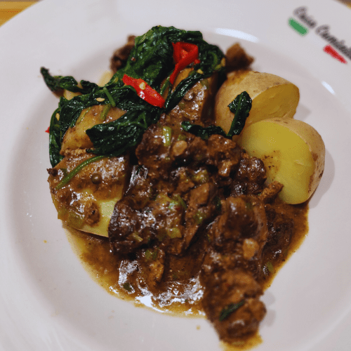 Chicken Liver with Boiled Potatoes and Fried Spinach