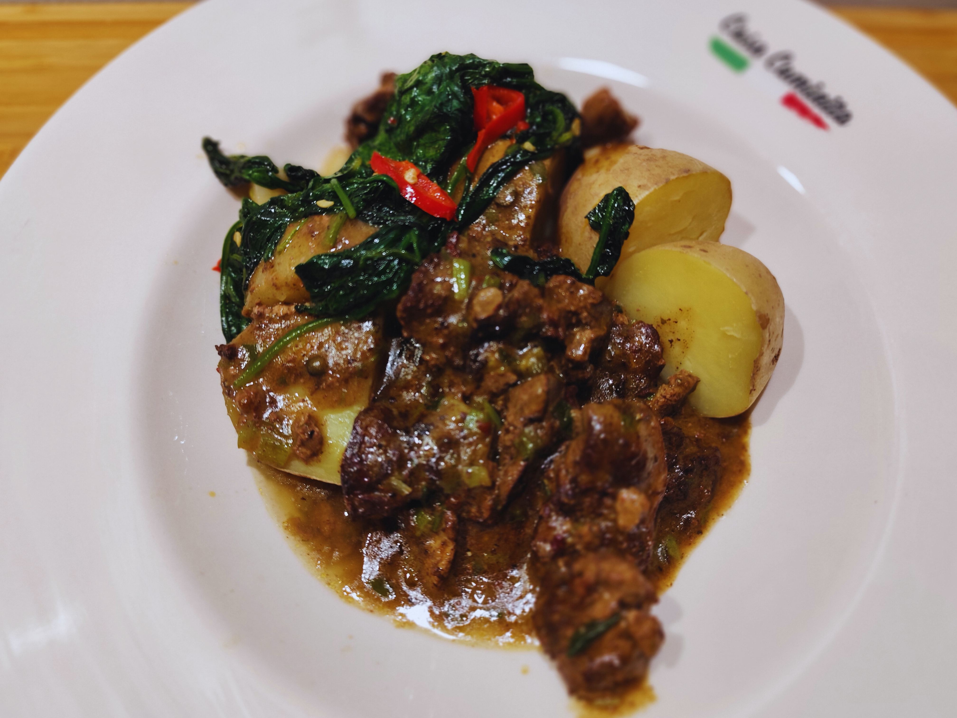 Chicken Liver with Boiled Potatoes and Fried Spinach